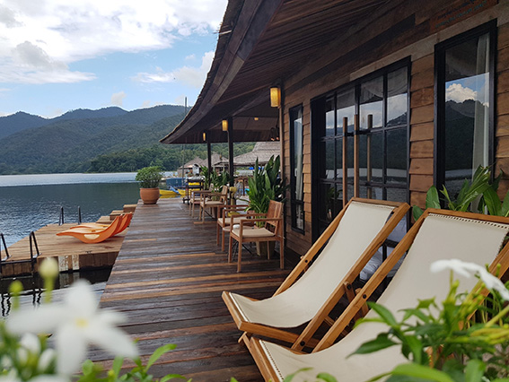 terrace at the riverside. house  in the  lake. boathouse at mountain float chiangmai, Thailand